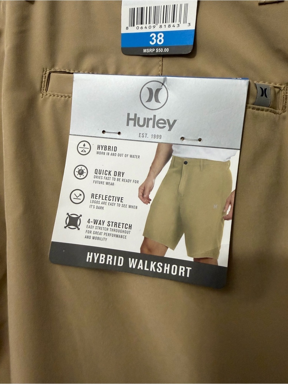 NWT Hurley Hybrid Walkshort Khaki Men’s Size 38 4-Way Stretch Quick Dry - Picture 4 of 5
